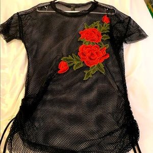 Mesh dress with red roses